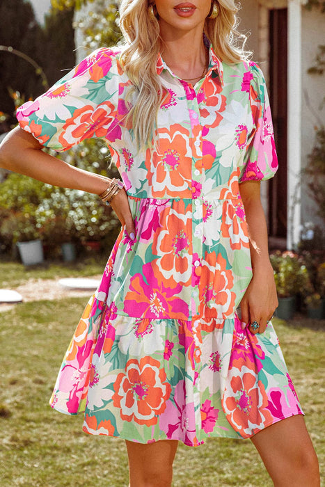 Floral Short Sleeve Buttoned Babydoll Dress | S-XL