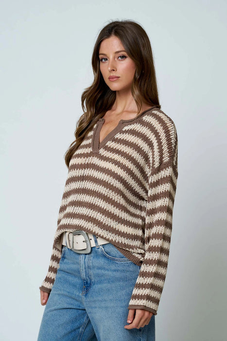Mocha Stripe Raw Edge Split Neck Sheer Knit Sweater