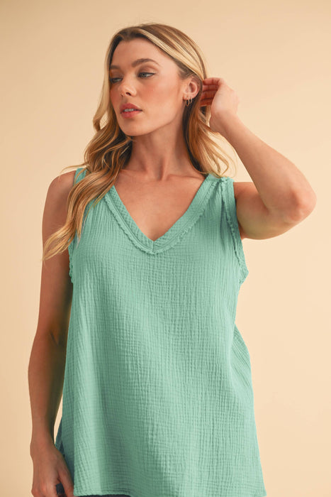 Sage Cotton Gauze V Neck Tank