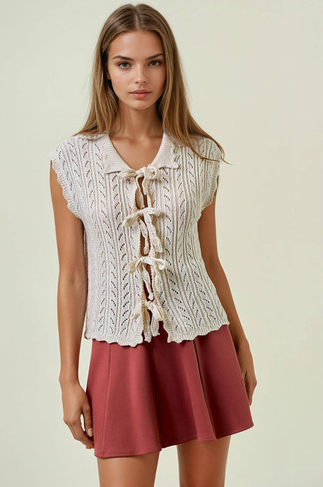 Tie Front Collared Fine Knit Top