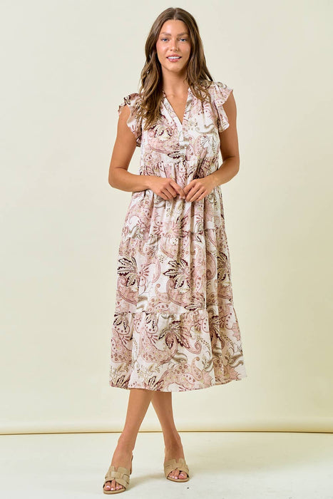 Paisley Print Split Neck Tiered Midi Dress