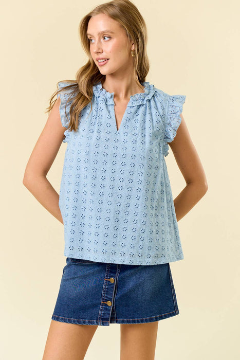 Cotton Eyelet Ruffle Neckline Cap Sleeve Top - White or Blue