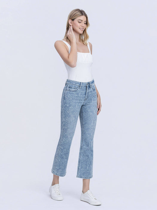 High Rise Floral Easy Flare Cropped Denim Jeans