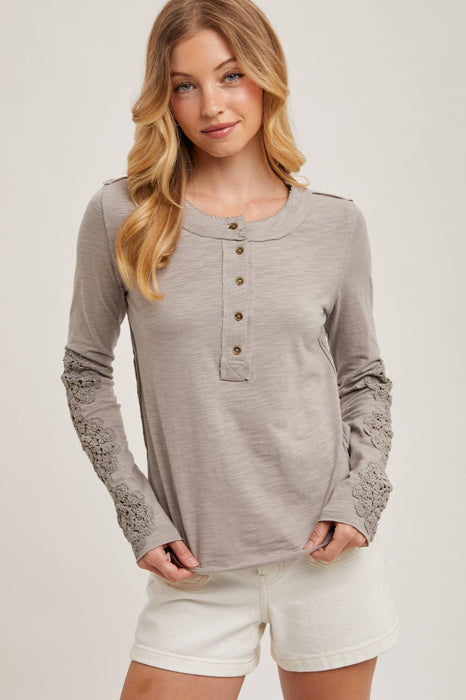 Crochet Patch Sleeved Half Button Round Neck Top