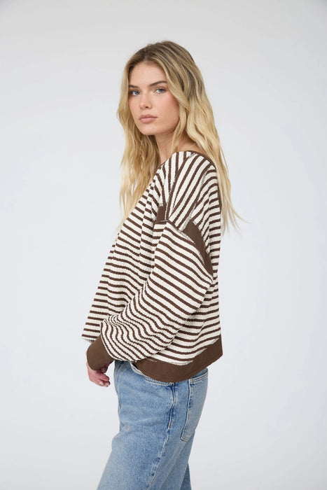 Mocha Stripe Contrast Trim Back Cut-Out Detail Knit Top