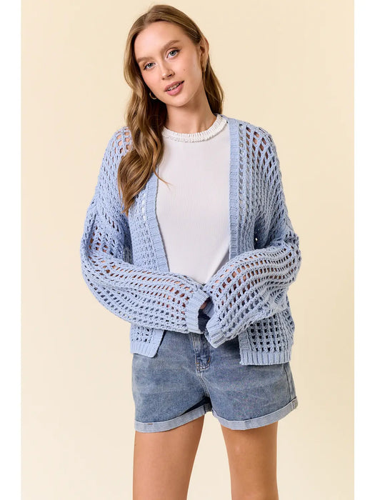 Fishnet Cropped Open Cardigan - Powder Blue