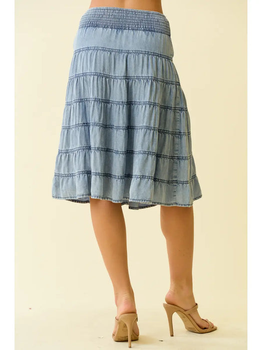 Tencel Chambray Tiered Shirring Midi Skirt