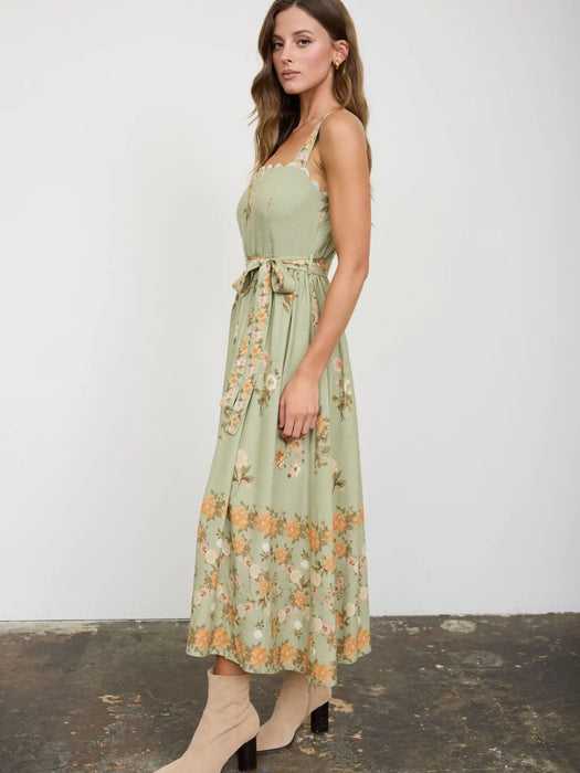 Olive Floral Border Pattern Belt Strap Midi Dress