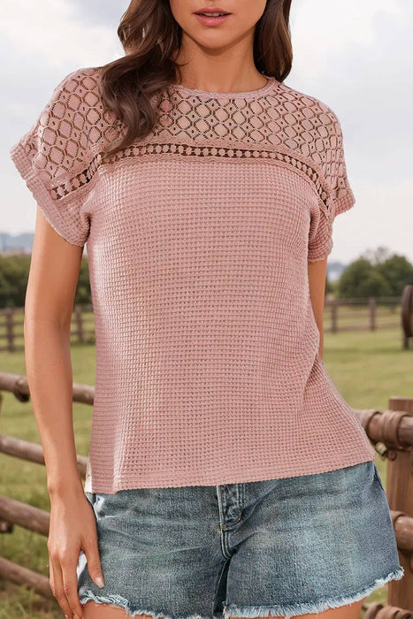 Pink Lace Patchwork Waffle Short Sleeve Top | S-XL