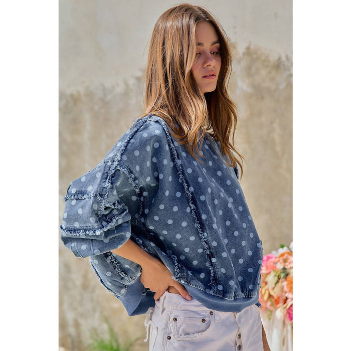 Denim Polka Dot  Frayed Edge Detail Top
