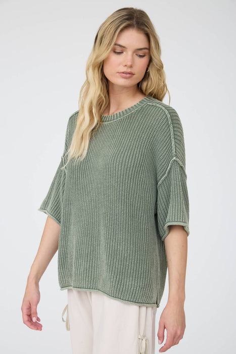 Burgundy Washed Raw Edge Short Sleeve Sweater