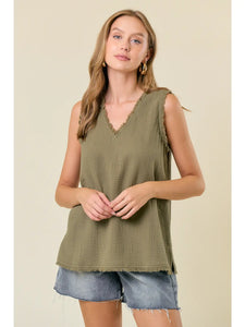 Sage Frayed V-Neck Sleeveless Top