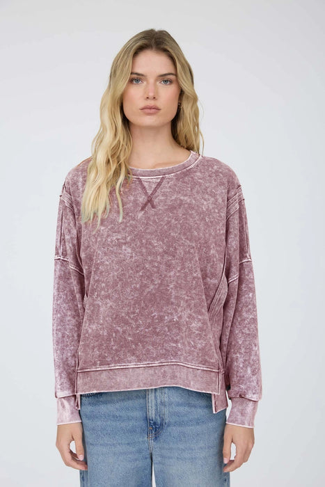 Maroon Acid Wash Long Sleeve Side Slit Knit Top