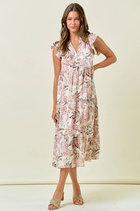 Paisley Print Split Neck Tiered Midi Dress