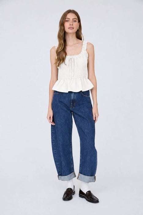 Ivory Ruffled Front Tie Shirred Waist Tank Top