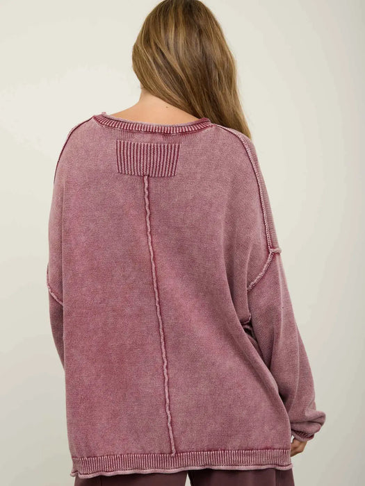 Burgundy Washed Raw Edge Crew Neck Drop Sleeve Sweater