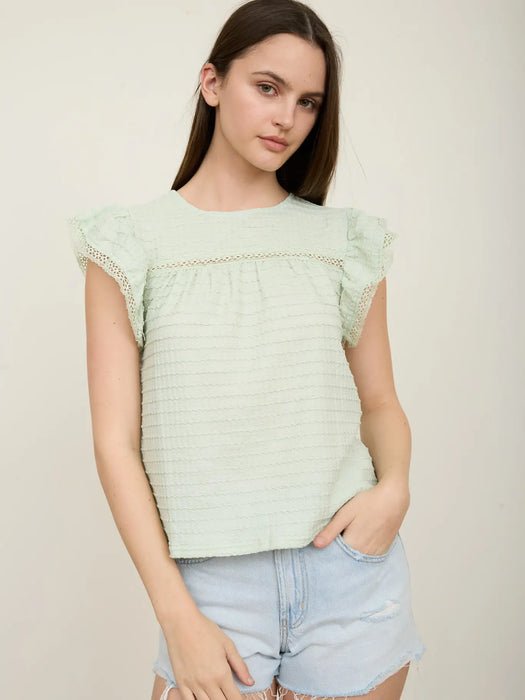 Mint Textured Ruffle Sleeve Line Lace Detail Top JUNIORS