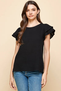 Black Cotton Gauze with Double Ruffled Sleeves