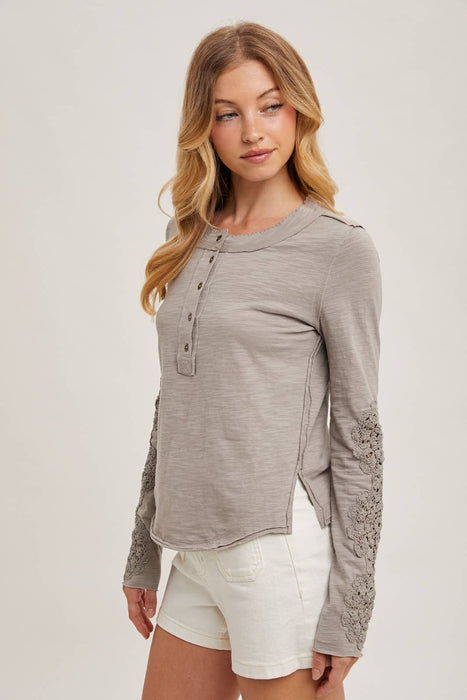Crochet Patch Sleeved Half Button Round Neck Top