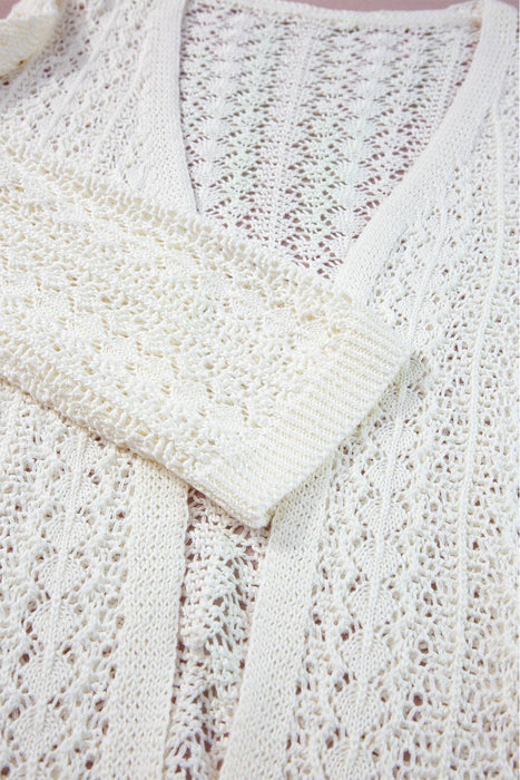 White Hollow Out Knit Drop Shoulder Cardigan