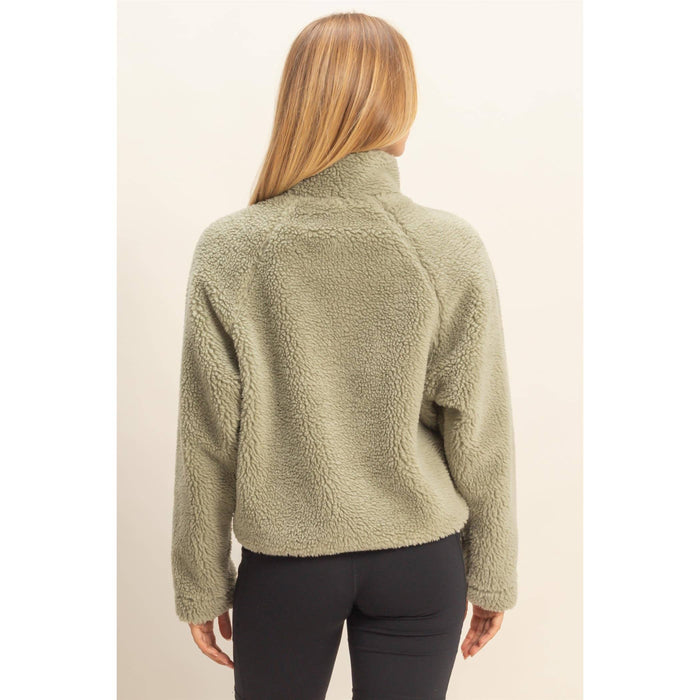 Soft Olive Sherpa Half Snap CROPPED Hoodie With Pockets