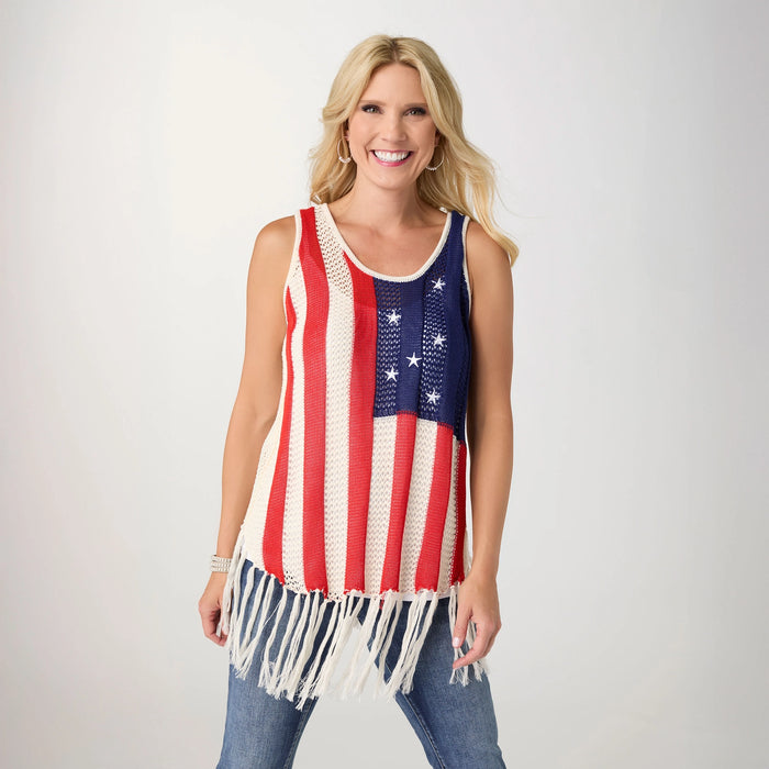 Jordyn Open Weave Fringe Flag Tank | 4th of July