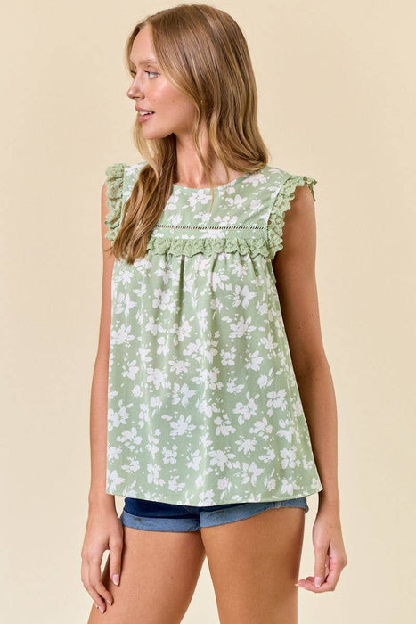 Floral Round Neck Lace Ruffle Flowy Blouse