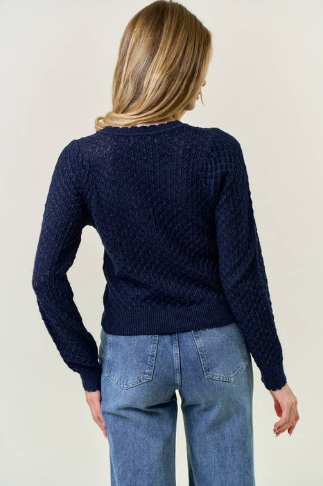 Indigo Pointelle Cardigan w/ Rose Buttons