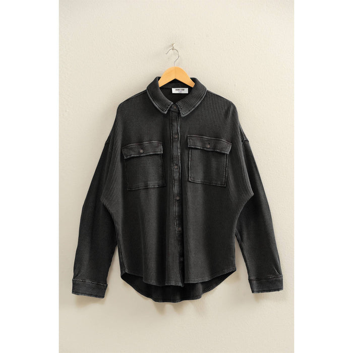 Black Oversized Mineral Washed Waffle Button Up Shacket