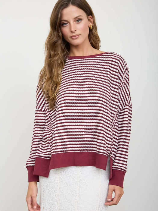 Burgundy Stripe Exposed Seam Long Sleeve Knit Top