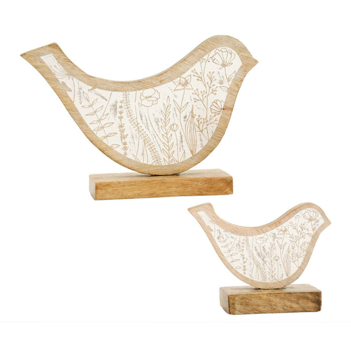 Flower Engraved White Wood Birds