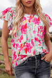 Floral Flutter Sleeve Round Neck Casual Blouse | S-XL