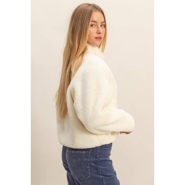 White Cozy Sherpa Half Snap CROPPED Jacket With Pockets