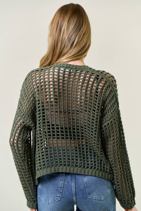 Crochet Fishnet Cropped Open Cardigan  - OLIVE