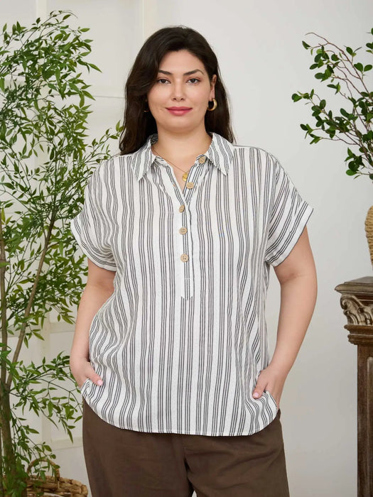 PLUS Stripe Collared Half Button Short Sleeve Top