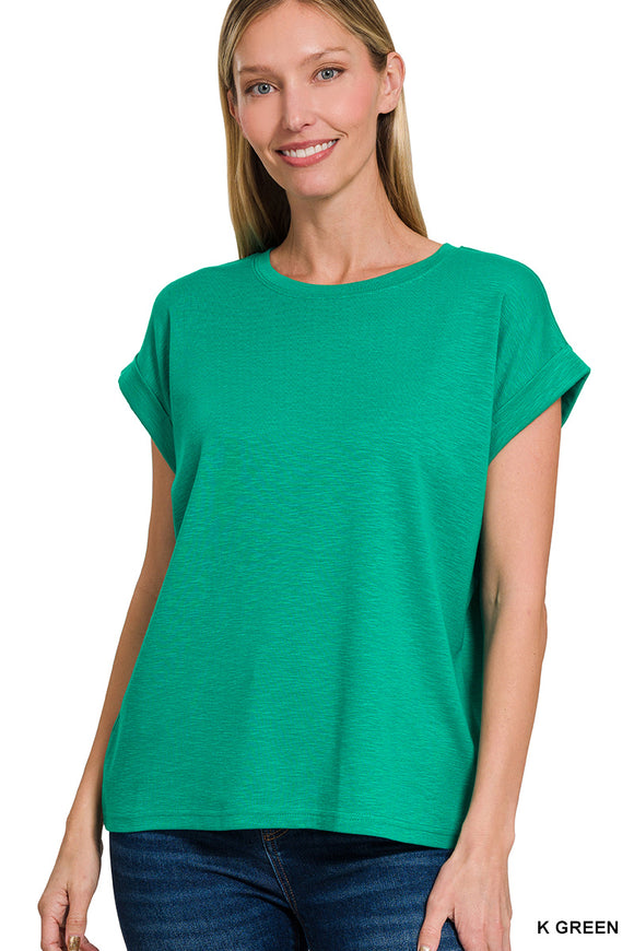 Kelly Green Slub Rolled Sleeve Top