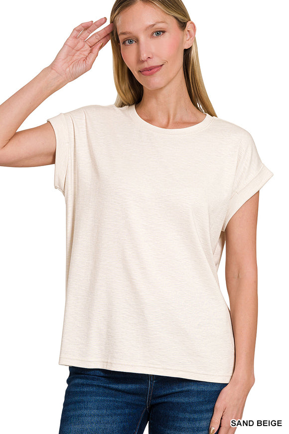 Sand Beige Slub Rolled Sleeve Top