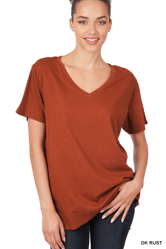 Cotton Boyfriend V-Neck Tee - Dark Rust