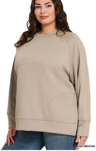 PLUS Scuba Round Neck Pullover with Side Slits - Ash Mocha