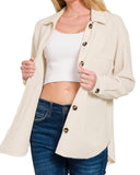 Brushed Rib Button Front Shacket - Sand Biege