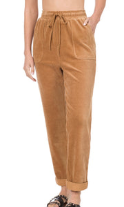 Corduroy High Rise Drawstring Cuffed Pants - Deep Camel