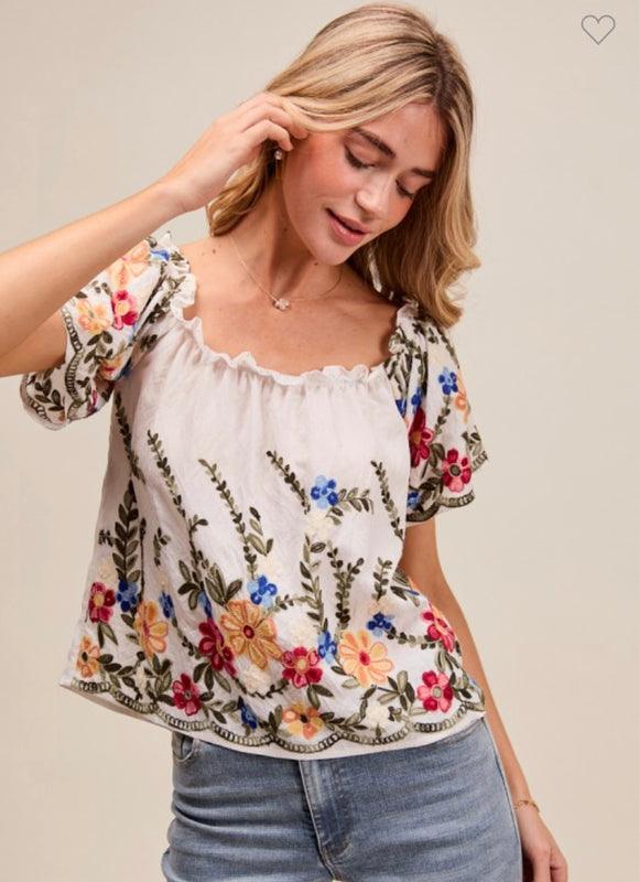 Floral Embroidered Baby Doll Blouse Top