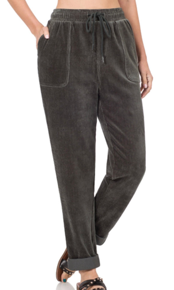 Corduroy High Rise Drawstring Cuffed Pants - Charcoal