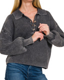 Washed Collared Henley Sweater - Black