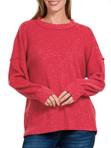 Red Brushed Ribbed Hacci Exposed Seam Sweater PLUS