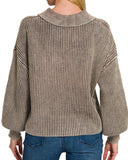 Washed Collared Henley Sweater - Mocha