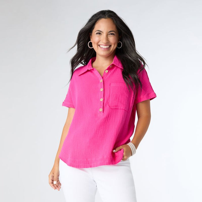 Button Down Gauze Top - Bright Rose