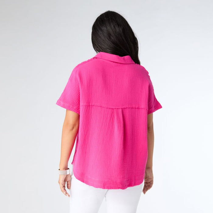 Button Down Gauze Top - Bright Rose