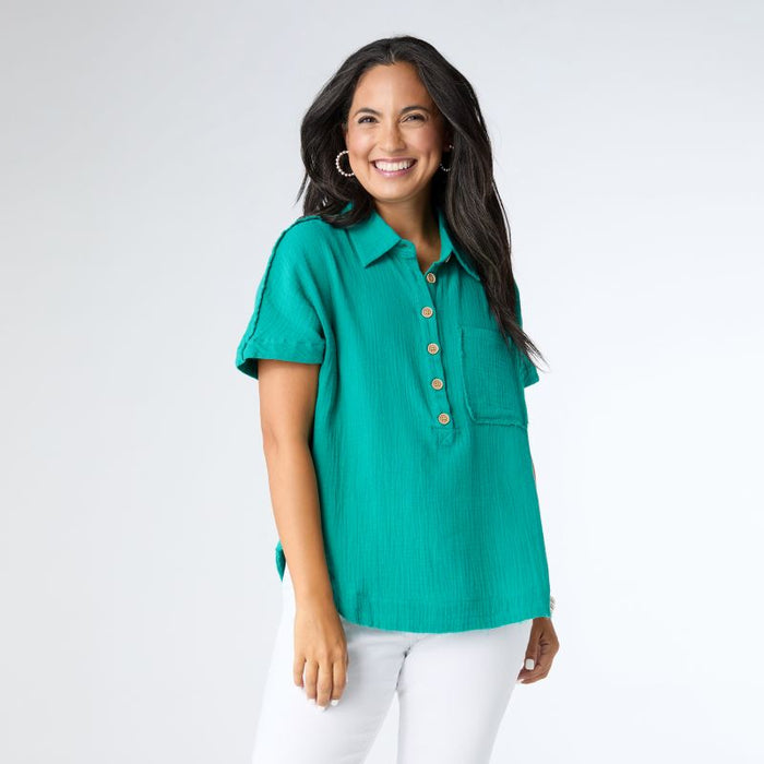 Button Down Gauze Top - Emerald Green