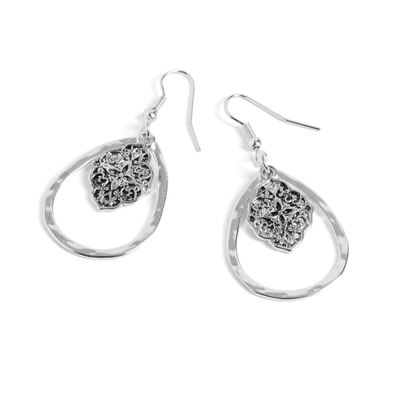 Flower Teardrop Earrings - Silver